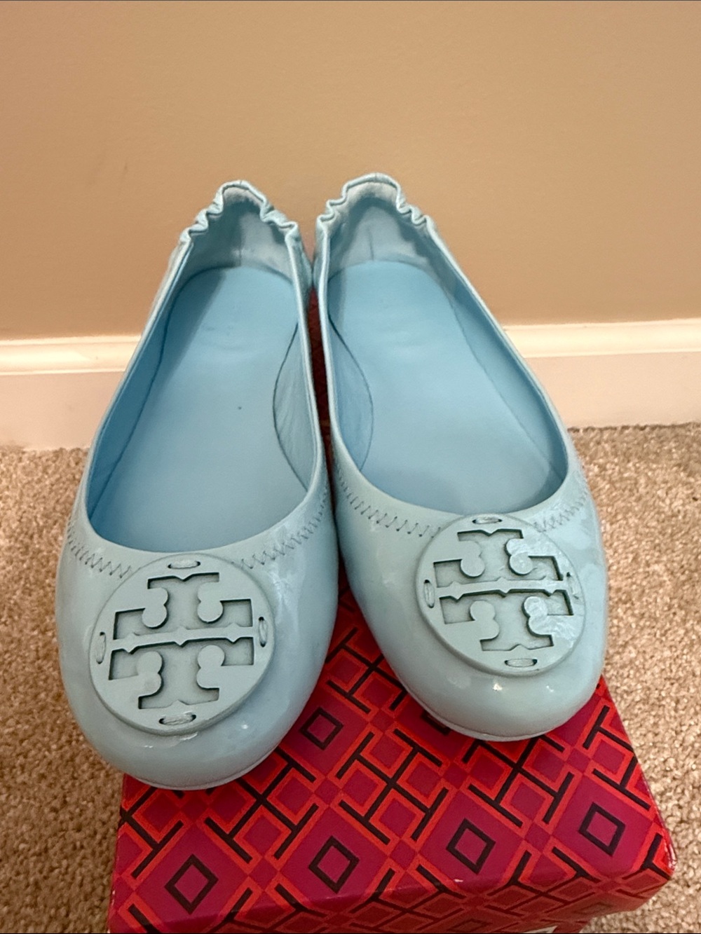 Tory Burch Womens Light Blue Patent Minnie Ballet Flats